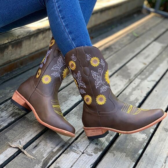 Nokio Iconic Flower Embroidered Brown Yellow Mid Calf Western Cowgirl Boots US 8 - Picture 3 of 8